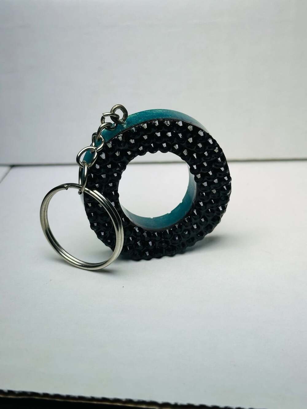 Turquoise And Black Rhinestone Resin Letter O Keychain